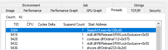 此螢幕快照顯示未解析線程 9384 的起始位址。
