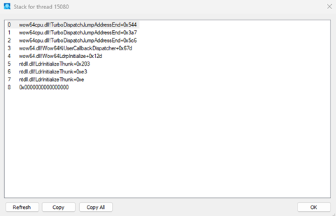 顯示線程 15080 呼叫堆疊信息的螢幕快照。