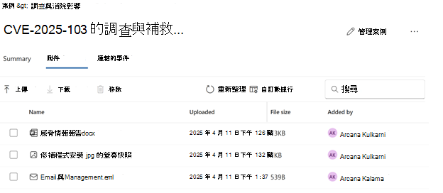 案例的 [附件] 索引標籤詳細資料的螢幕擷取畫面。