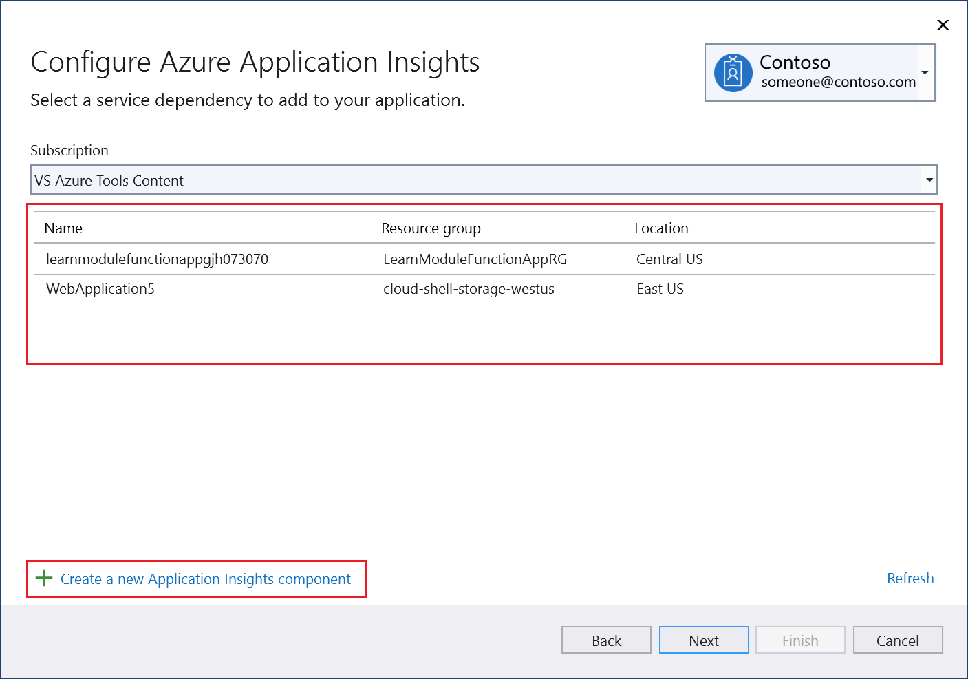 顯示「連接到現有的 Application Insights 元件」畫面的螢幕擷取畫面。