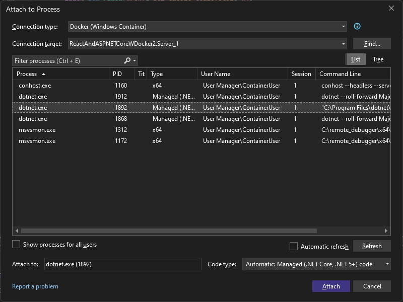 Visual Studio 中 [連結至處理序] 對話方塊的螢幕擷取畫面。連線類型設定為 Docker (Windows 容器)，並選取 dotnet.exe 處理序。