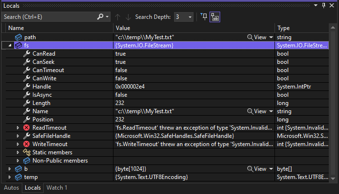 [區域變數] 視窗的螢幕擷取畫面，其中檔案設定為 System.IO.FileStream 值。
