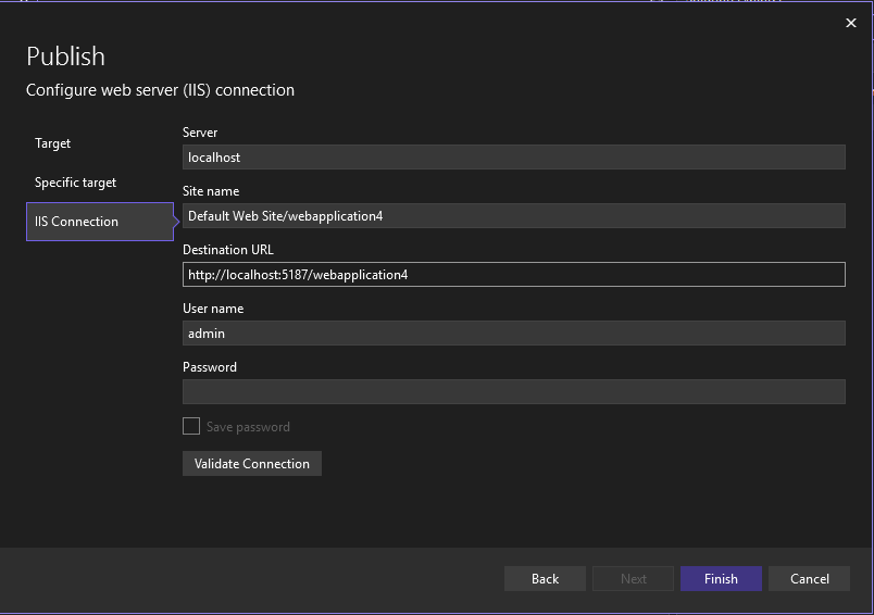 顯示 [發佈精靈] 畫面的螢幕快照，其中顯示使用 [Web Deploy] 選項發佈至 IIS。