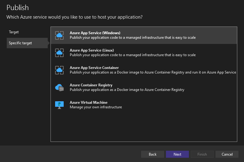 選擇 Azure 服務的螢幕擷取畫面。