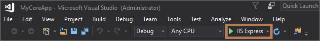 此螢幕擷取畫面顯示 Visual Studio 工具列中反白顯示的 [I I S Express] 按鈕。