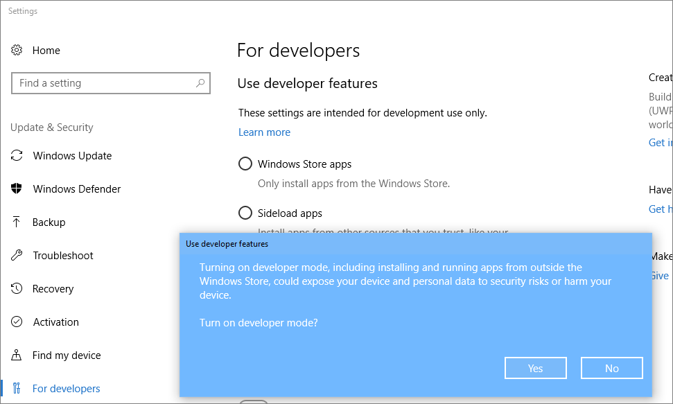 Screenshot showing the UWP Settings dialog box with the option for enabling Developer Mode.
