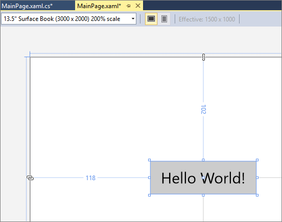 Screenshot showing the Button control on the canvas of the XAML Designer. The label of the button has been changed to 'Hello World!'.