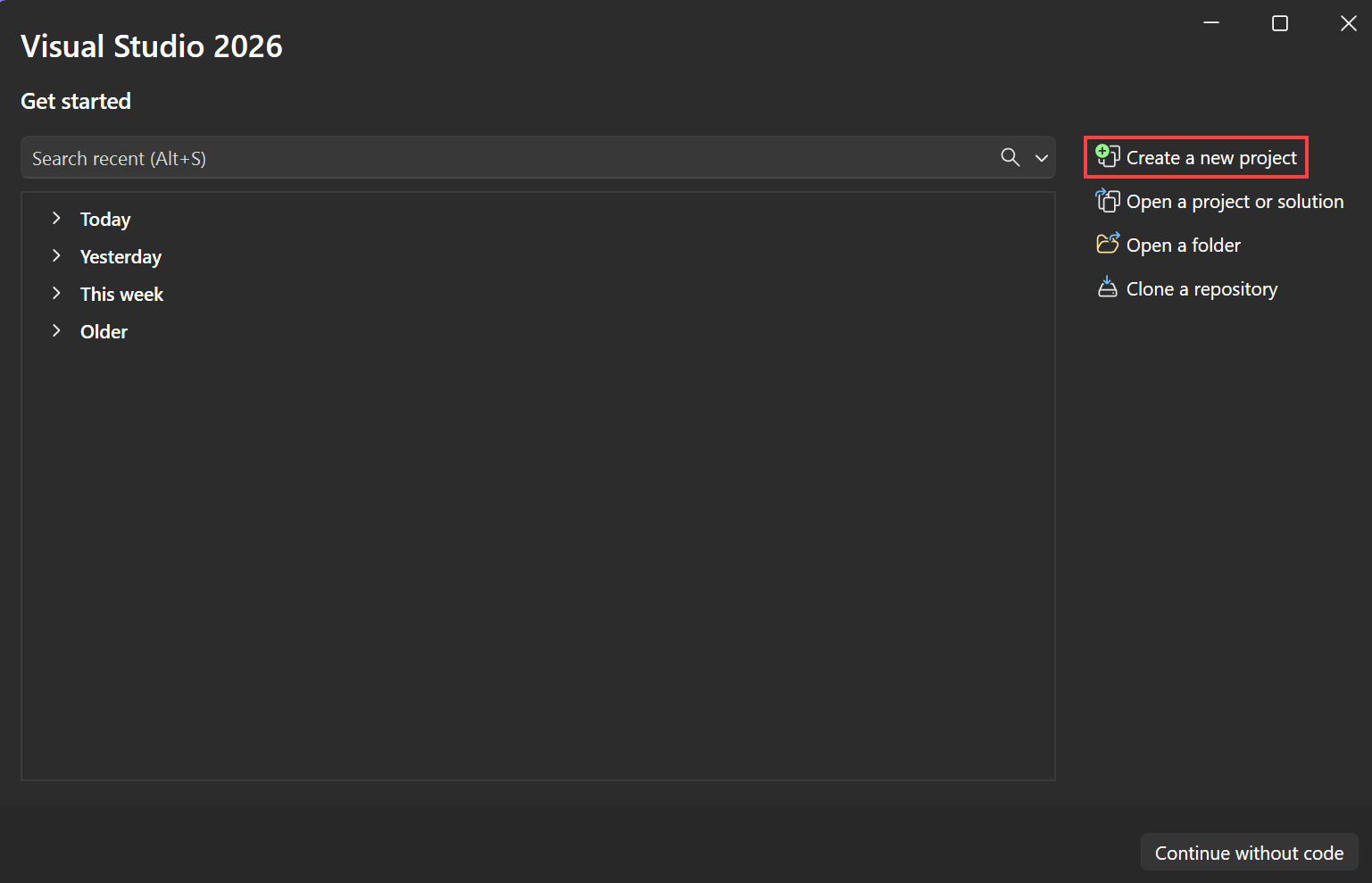 螢幕快照顯示 Visual Studio 開始視窗中的 [建立新專案] 選項。