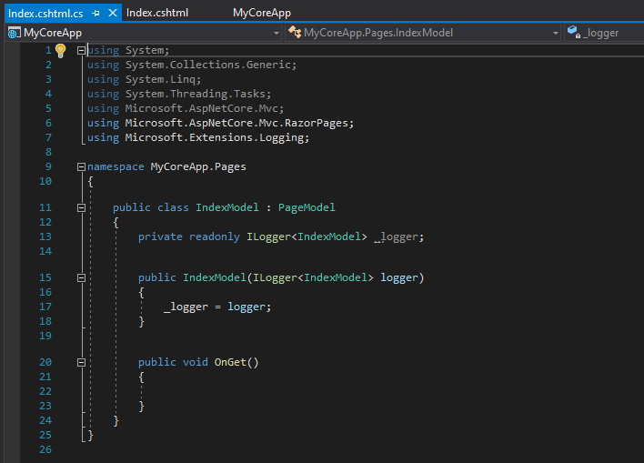 此螢幕擷取畫面顯示 Visual Studio 程式碼編輯器中開啟的 Index dot c s h t m l dot c s 檔案。