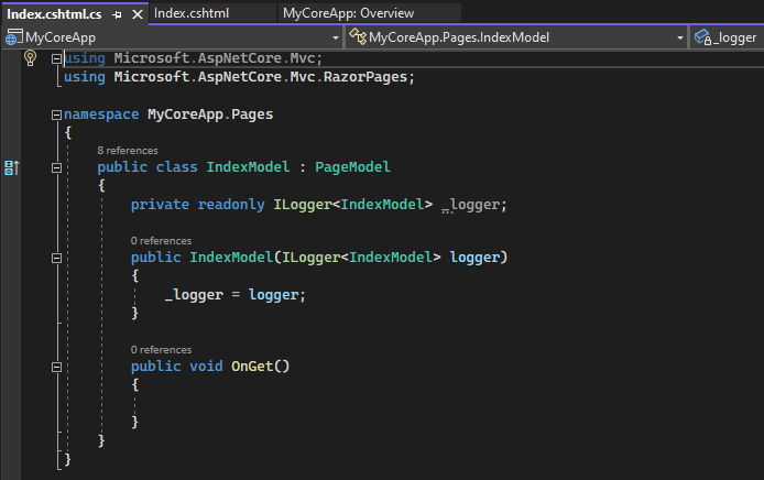 此螢幕擷取畫面顯示 Visual Studio 程式碼編輯器中開啟的 Index.cshtml.cs 檔案。