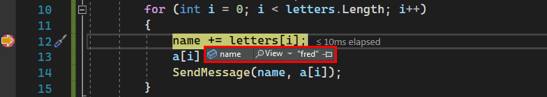 Visual Studio 2022 中偵錯工具資料提示的螢幕擷取畫面，其中顯示 'name' 變數的字串值。
