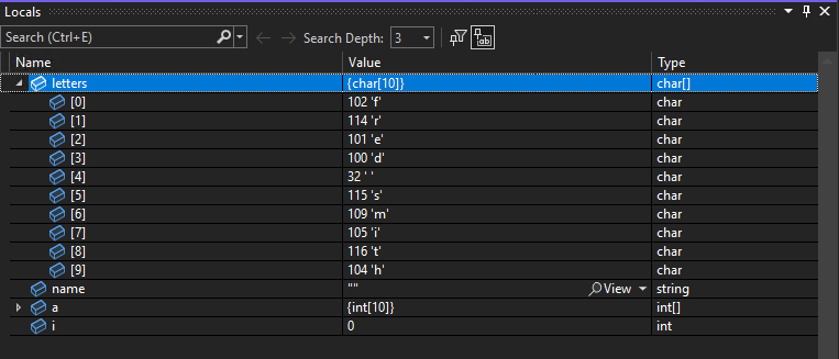 Visual Studio 2022 中 [區域變數] 視窗的螢幕擷取畫面，其中已展開 [字母] 陣列變數。