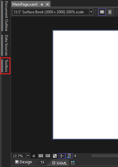 Screenshot showing the tab for the 'Toolbox' fly-out window highlighted on the left side of the XAML Designer Pane.