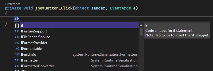 螢幕快照顯示 IntelliSense 與 Visual C# 程式代碼。