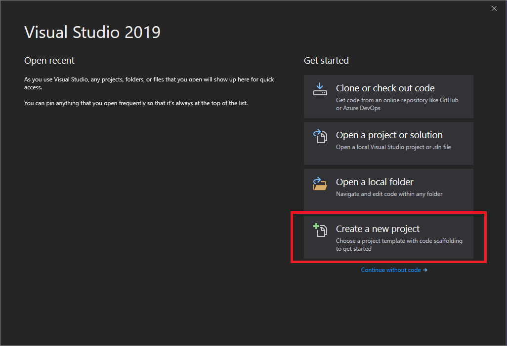 顯示 Visual Studio 開始視窗中 [建立新專案] 選項的螢幕擷取畫面。