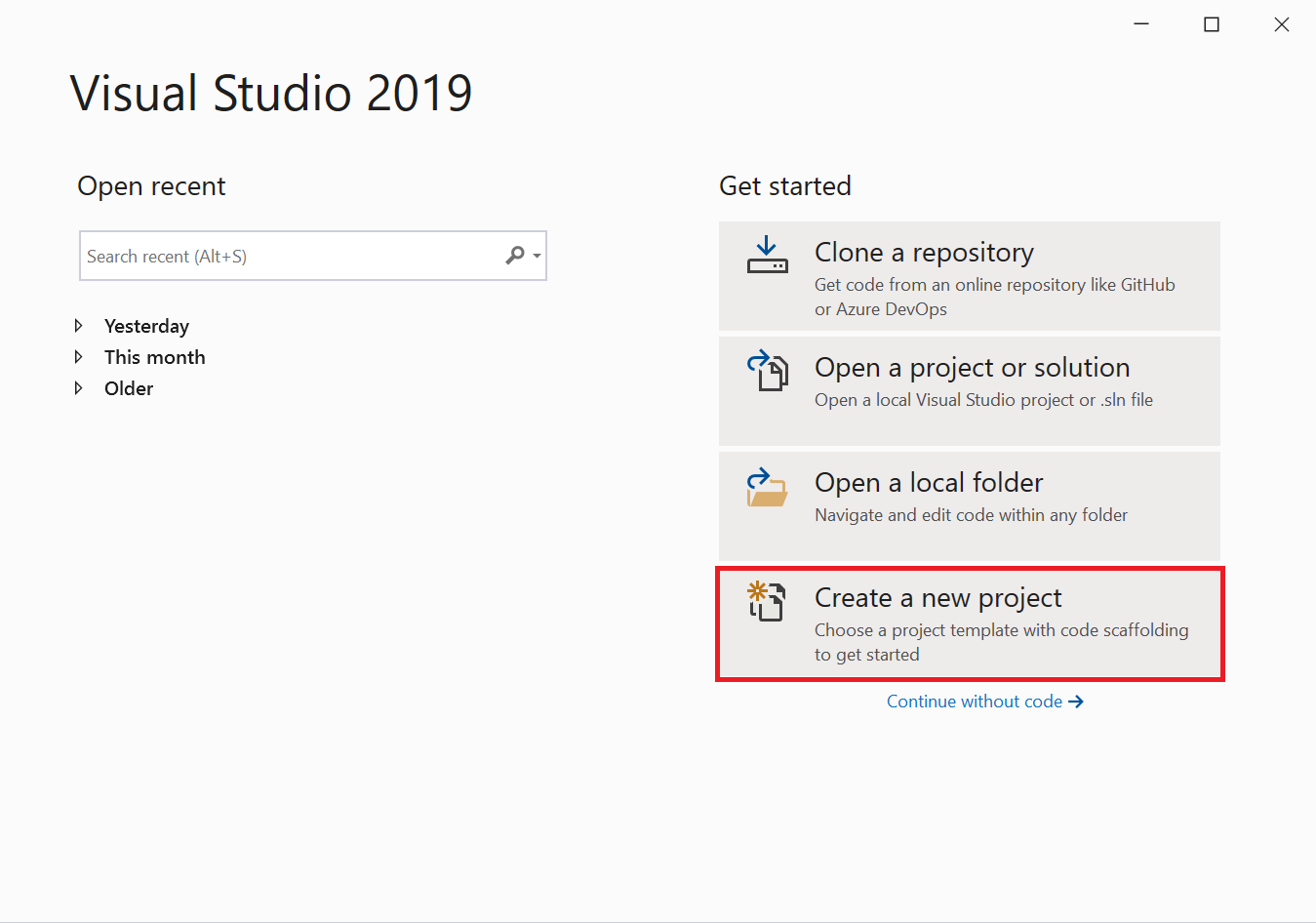 Visual Studio 2019 中 [建立新專案] 視窗的 [建立新專案] 視窗螢幕擷取畫面，其中已醒目提示 [建立新專案] 選項。