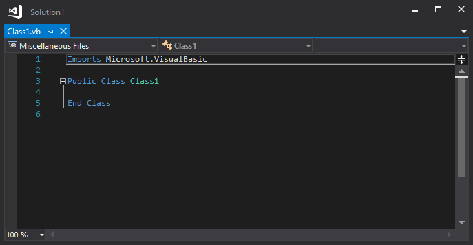 Visual Studio 程式碼編輯器中新 Visual Basic 類別檔案的螢幕擷取畫面。