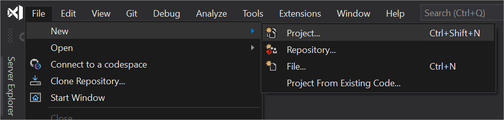 Visual Studio 2019 功能表欄中 [檔案 > 新增 > 專案] 選取項目的螢幕快照。