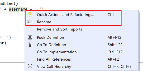 Visual Studio 中 [重構] 功能表的螢幕擷取畫面。