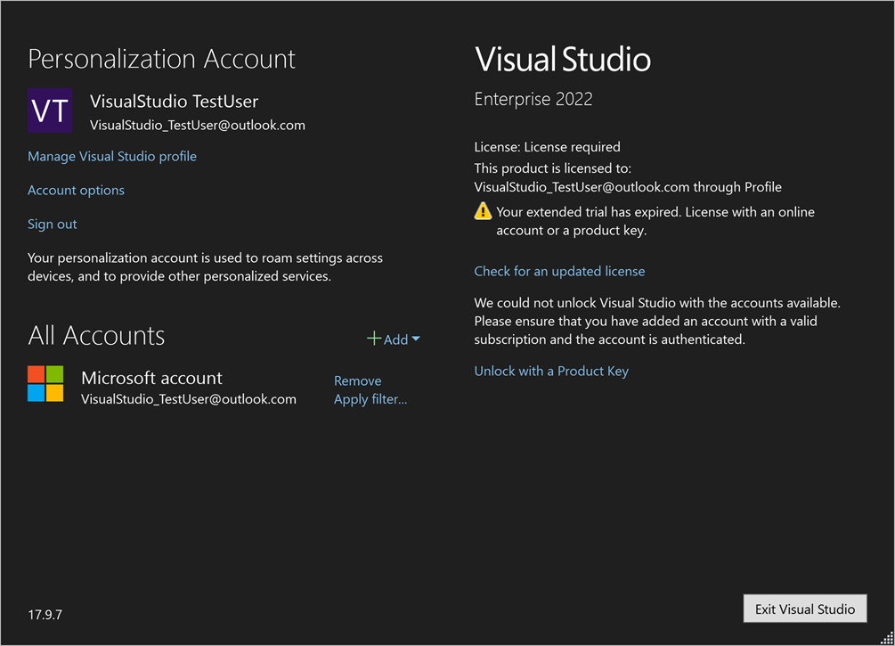 Visual Studio 過期授權的螢幕擷取畫面。