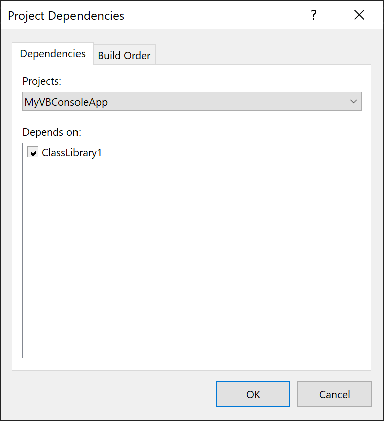 [專案相依性] 對話框的螢幕快照。