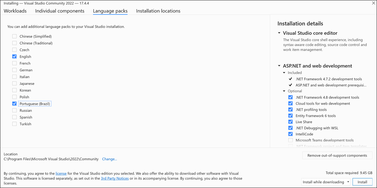 顯示Visual Studio 安裝程式 [語言套件] 索引標籤的螢幕擷取畫面。