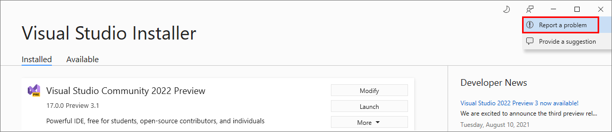 顯示Visual Studio 安裝程式中 [提供意見反應] 按鈕的螢幕擷取畫面。