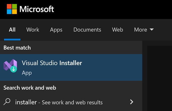 顯示 [開始] 功能表搜尋Visual Studio 安裝程式結果的螢幕擷取畫面。