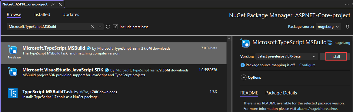 Visual Studio 中 NuGet 套件管理器的螢幕擷取畫面。