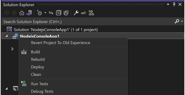 Screenshot of option to revert to a Node.js project.