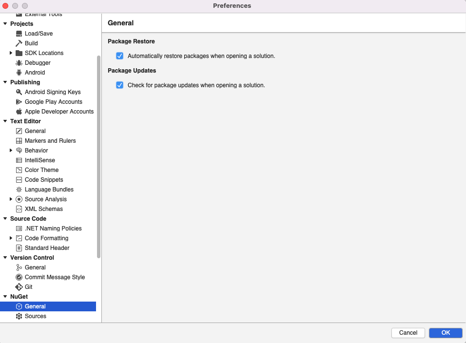 This screenshot shows the Preferences screen to automatically restore packages when opening a solution.