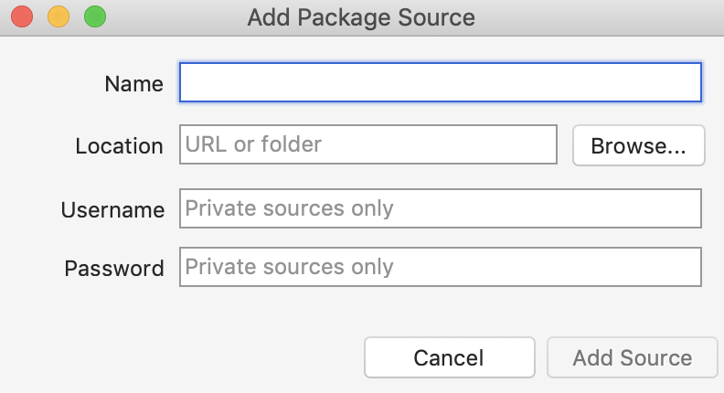 This screenshot shows Add Package Source dialog with a prompt for Name, location URL, user name, and password.