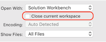 Screenshot of Options dialog box, with Close current workspace box cleared