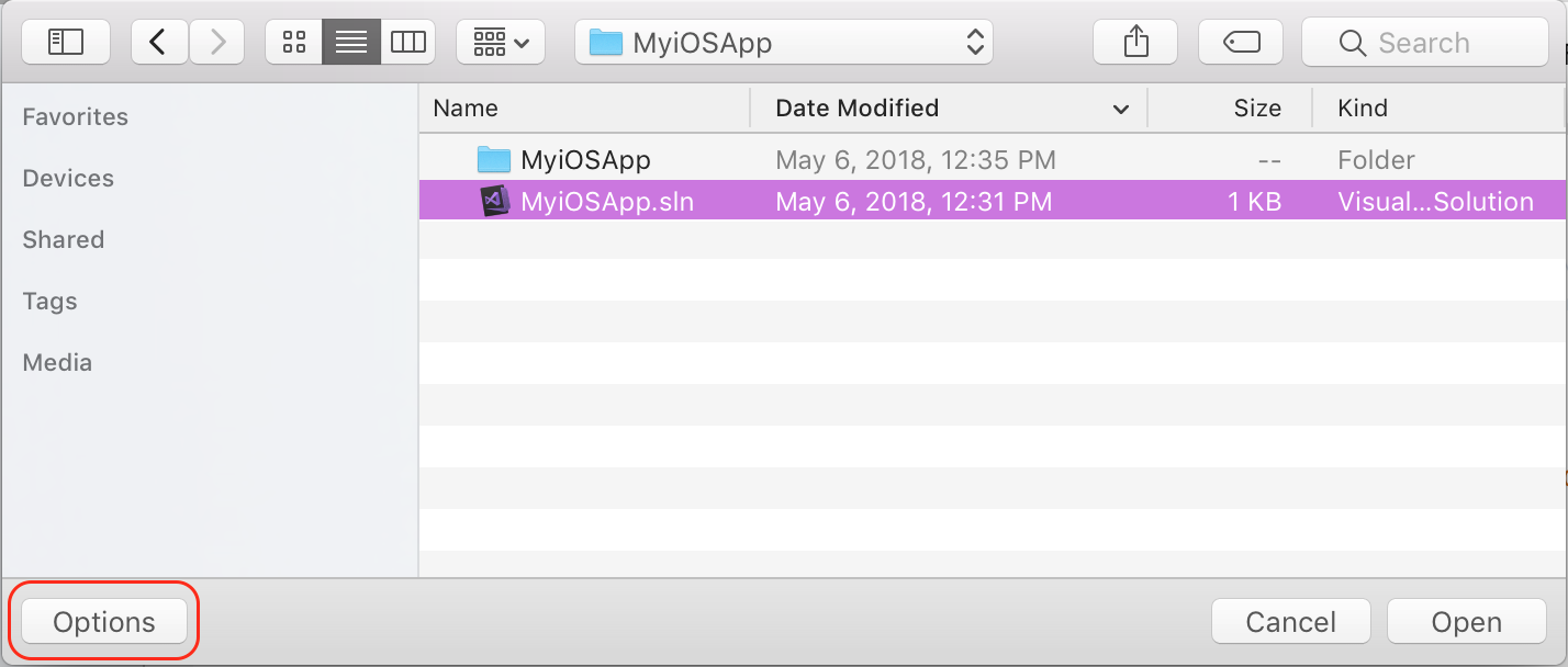 Screenshot of Visual Studio for Mac, with the .sln file and Options highlighted