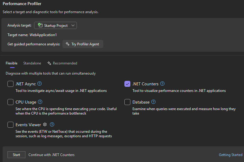  選取的 Visual Studio 中計數器工具截圖。