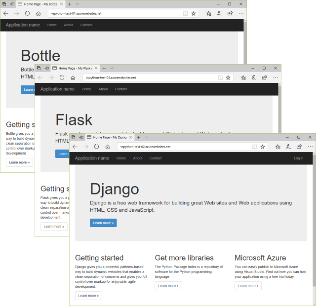 顯示將 Bottle、Flask 和 Django 應用程式發佈至 Visual Studio 中的 Azure App Service 之結果的螢幕擷取畫面。
