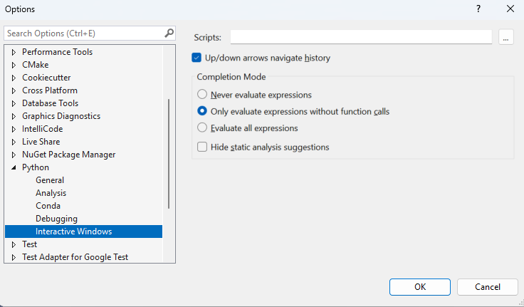 Visual Studio 中 Python 互動視窗選項的螢幕擷取畫面。