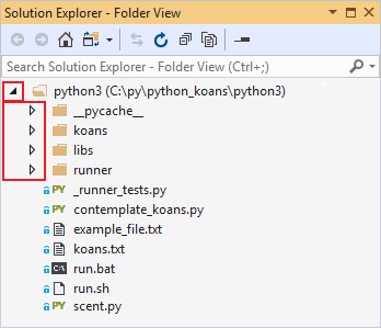 顯示 Visual Studio 方案總管中資料夾的展開及收合箭頭的螢幕擷取畫面。