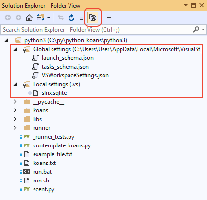 顯示如何在 Visual Studio 的方案總管中檢視隱藏資料夾及檔案的螢幕擷取畫面。