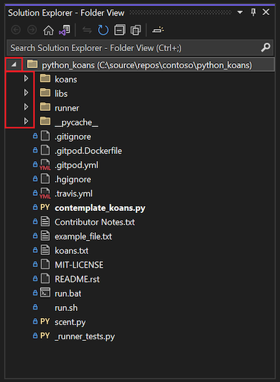 顯示 Visual Studio 2022 方案總管中資料夾的展開及收合箭頭的螢幕擷取畫面。