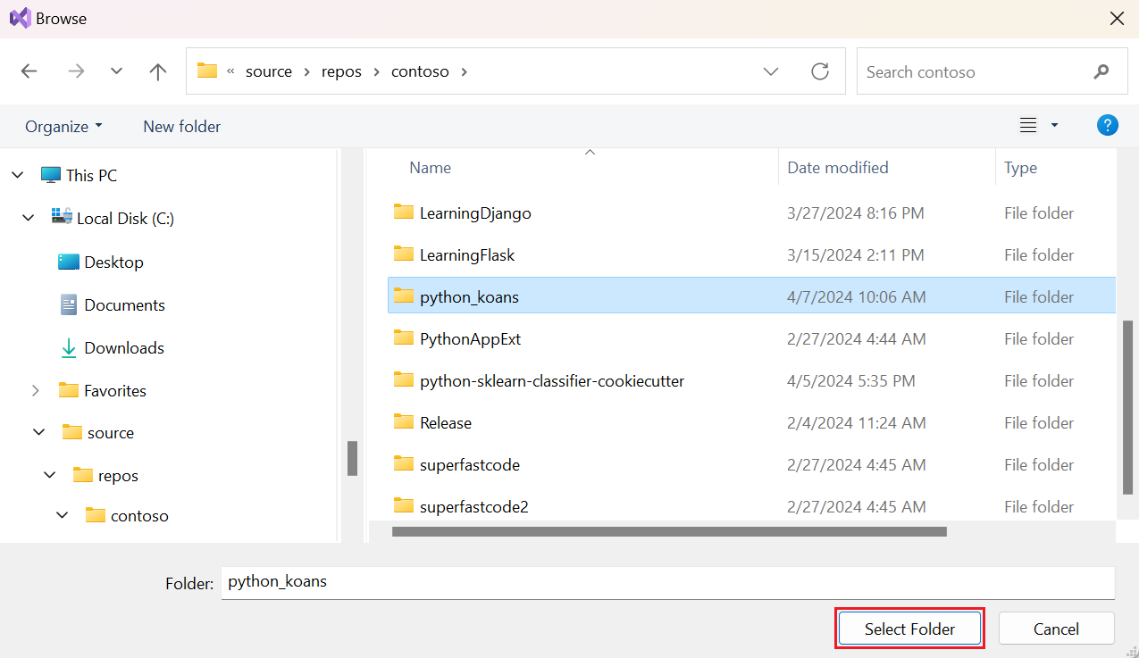 顯示如何在 Visual Studio 2022 中選取包含現有 Python 程式碼的本機資料夾的螢幕擷取畫面。