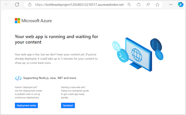 顯示瀏覽器開啟已發佈 Web 應用程式之網站 URL 的螢幕擷取畫面。