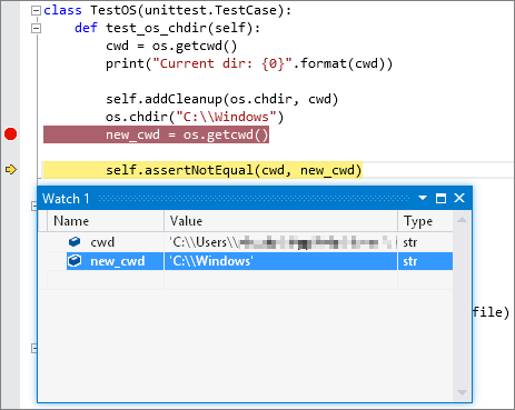 顯示如何使用 Visual Studio 偵錯工具對單元測試進行偵錯的螢幕擷取畫面。