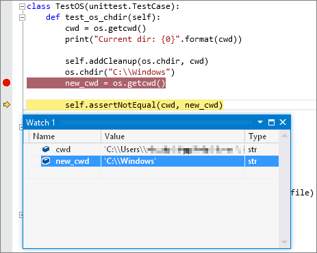 Screenshot that shows debugging output for a Python unit test in Visual Studio.