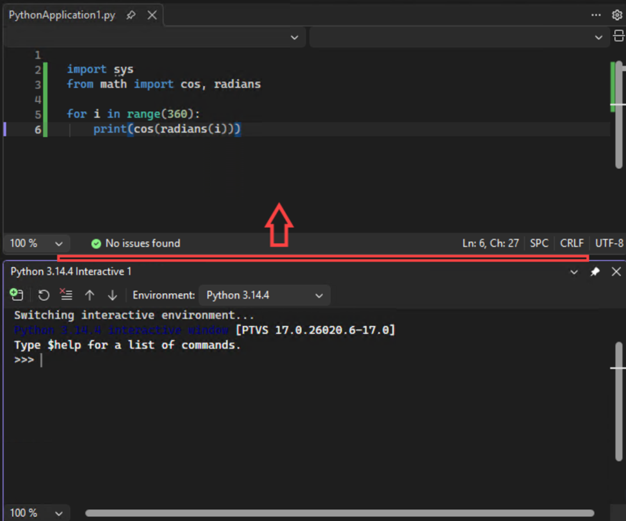顯示如何移動分隔符以增加 Visual Studio 中互動式視窗大小的螢幕快照。
