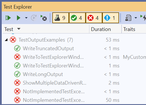 最後一個 Visual Studio 工作階段的持續性測試結果會以淡化的顏色來顯示