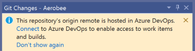 [Git 變更] 視窗中的資訊列提示您連線到目前存放庫的 Azure DevOps。