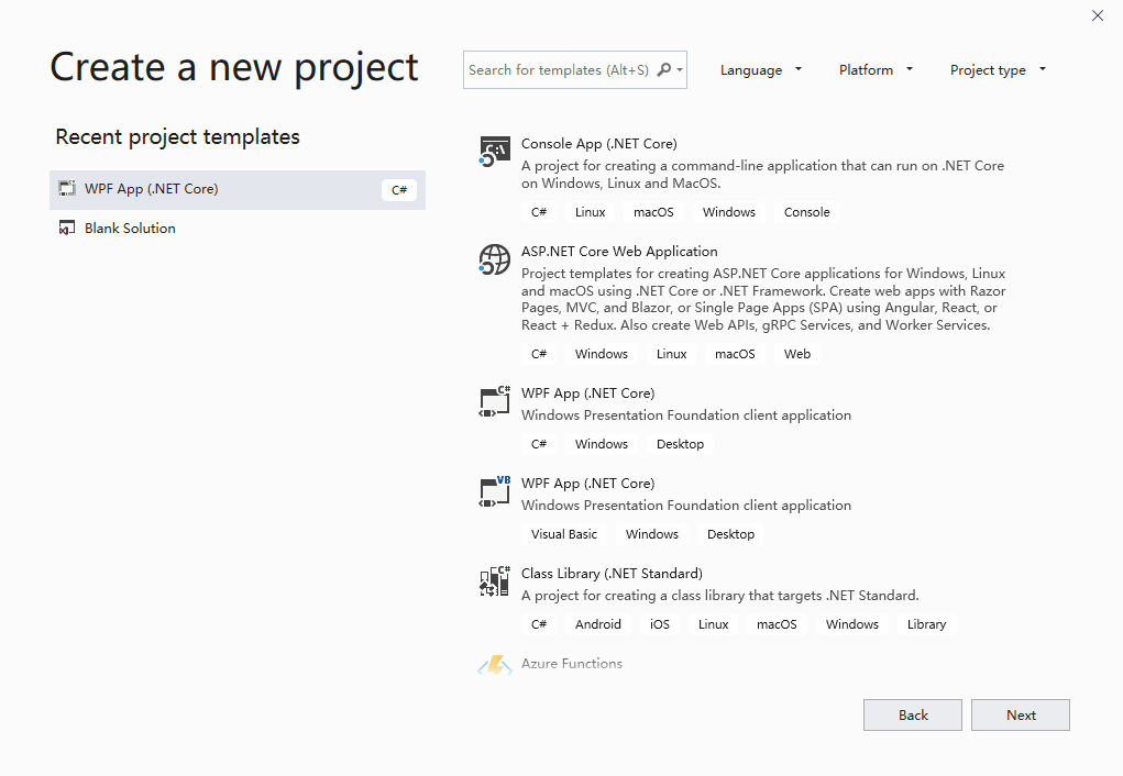 New Project Dialog template search