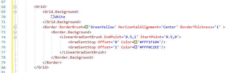 XAML 程式碼編輯器中的內嵌色彩預覽