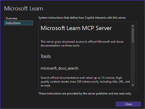 Visual Studio 中的 MCP 伺服器說明視窗